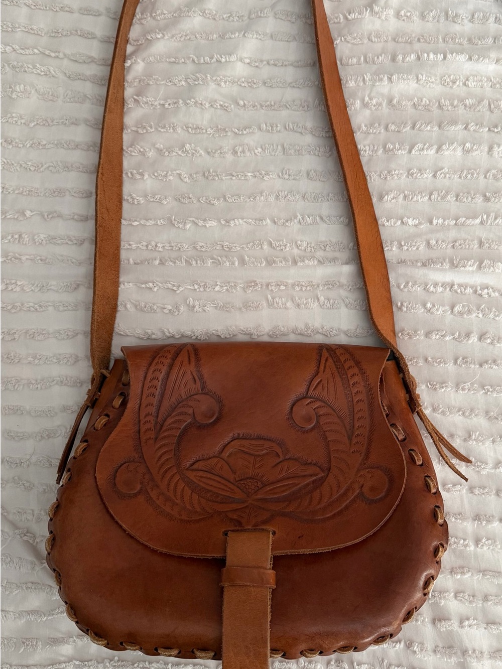 Hand-Tooled Brown Leather Crossbody Bag